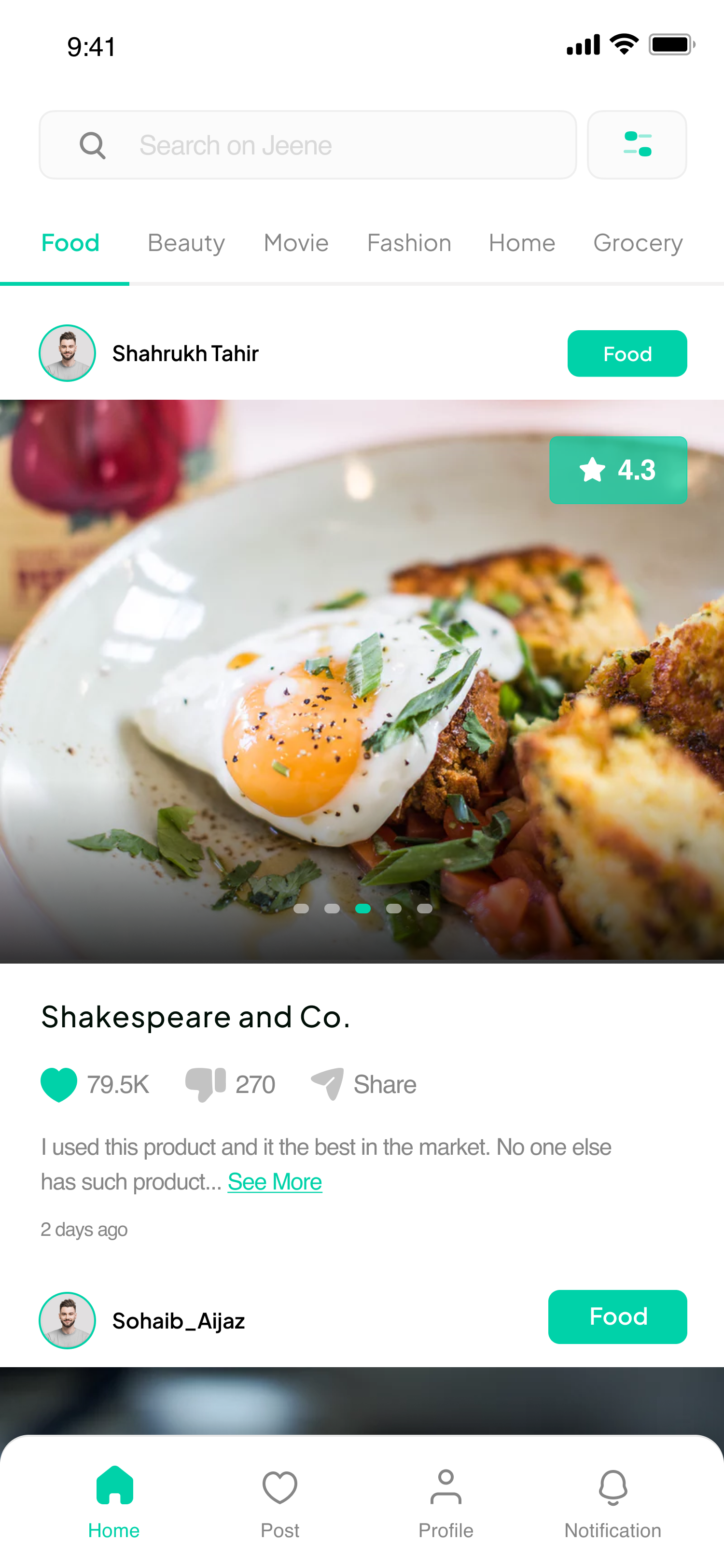 Jeene feed screen showing reviews