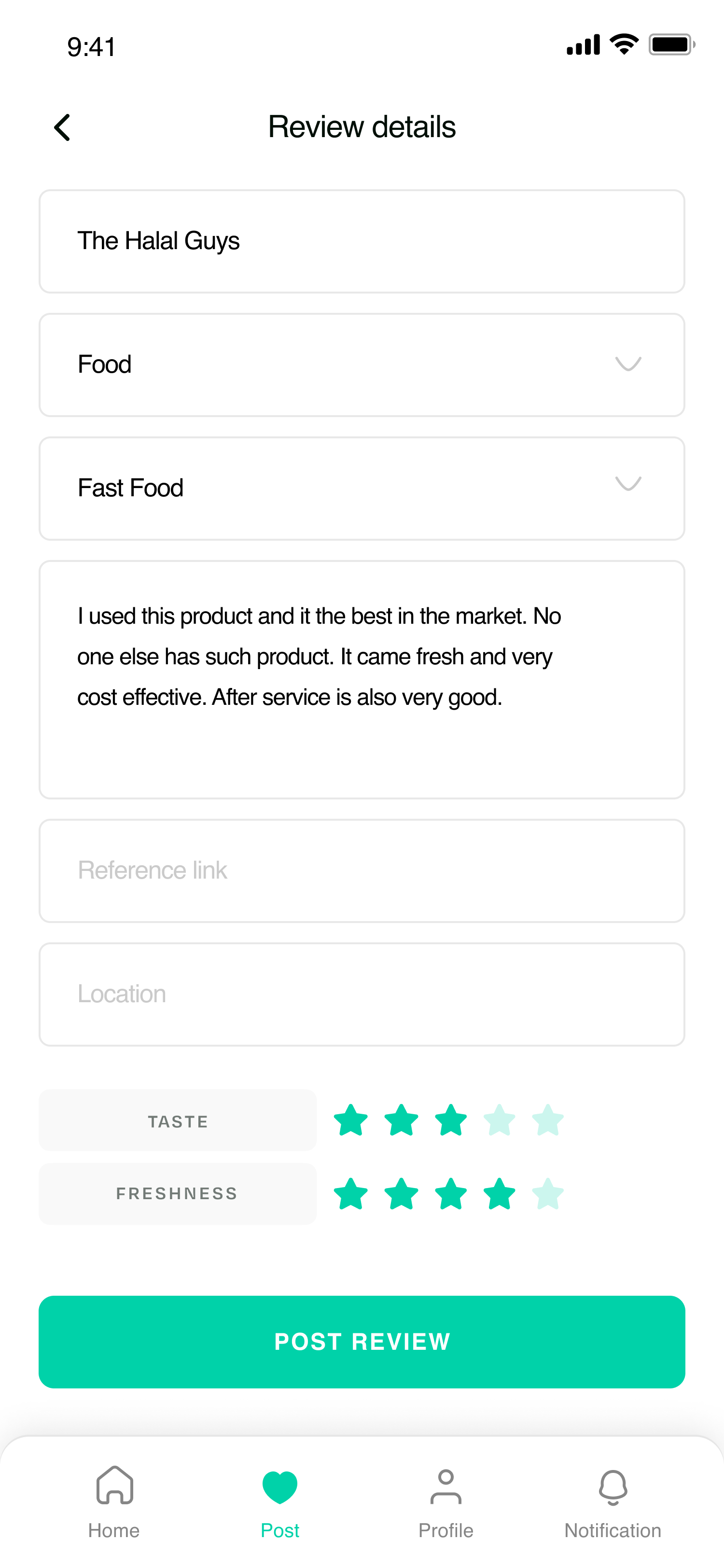 Jeene post a review screen